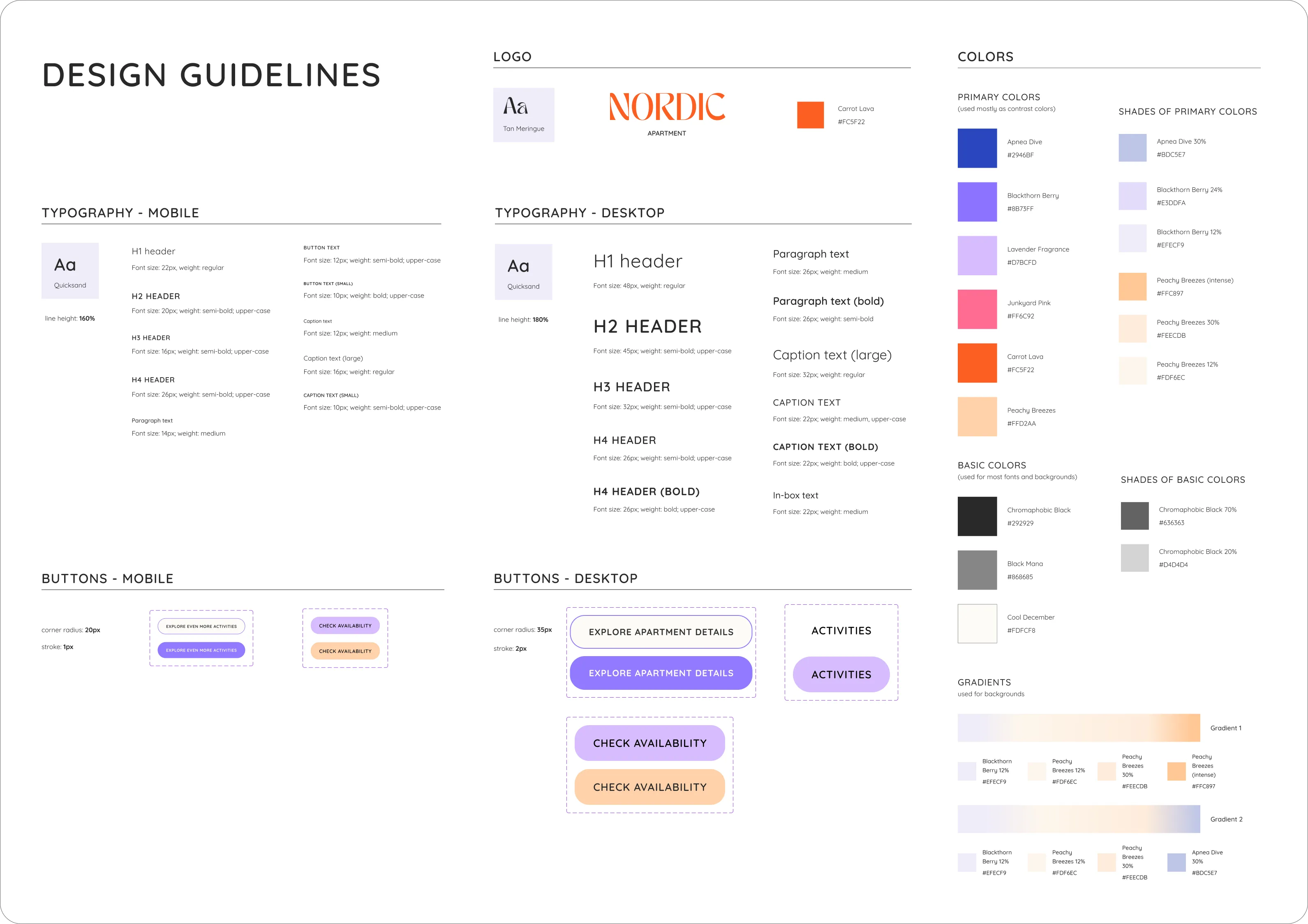 The final design guidelines developed for the project, including typography for desktop and mobile, colors and buttons.