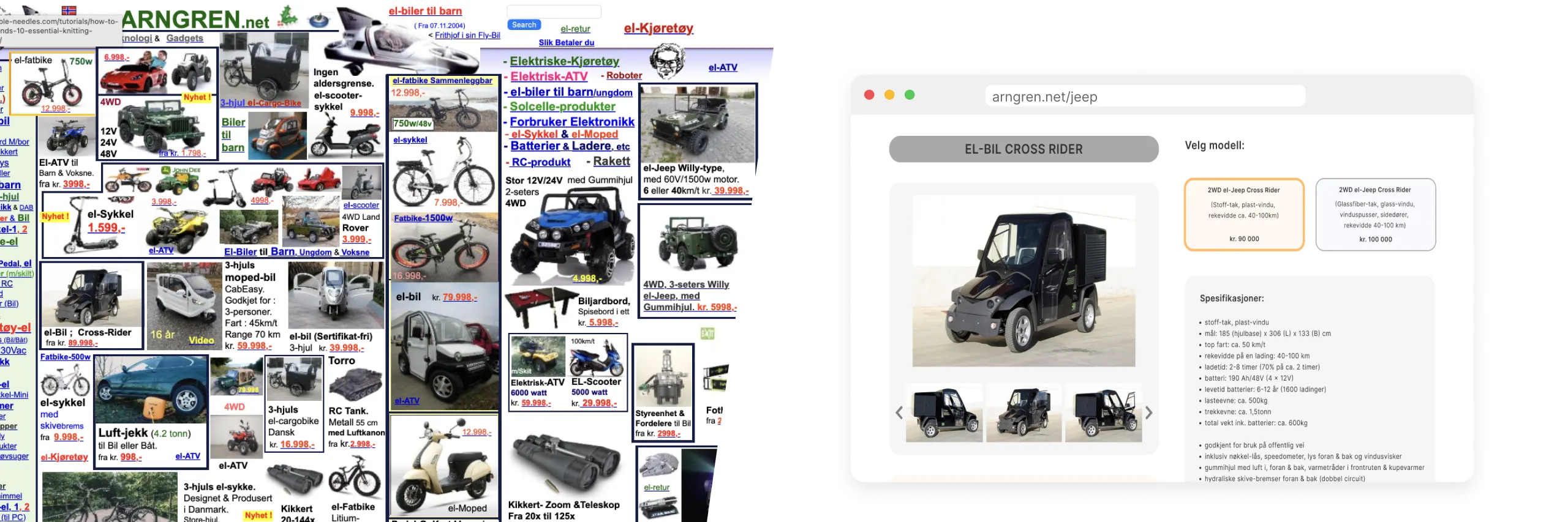 Website showing electric vehicles and a black electric Jeep Cross Rider with specs and model options.