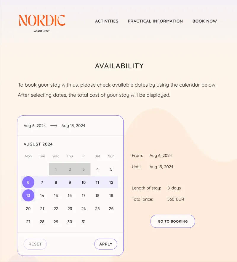 A screenshot of the interactive booking calendar used in the project.