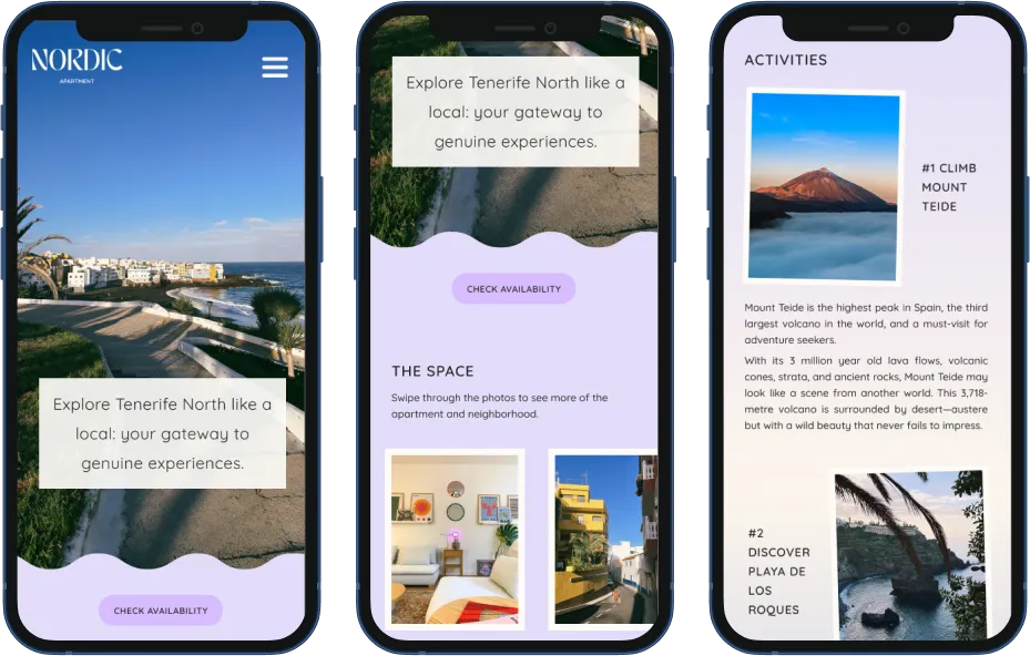 A screenshot of three mobile phones that serve as frames containing the home page of the mobile prototype.