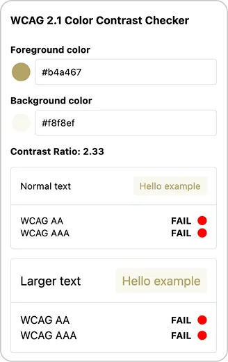 WCAG 2.1 Color Contrast Checker showing foreground #b4a467 and background #f8f8ef with 2.33 ratio failing all tests.