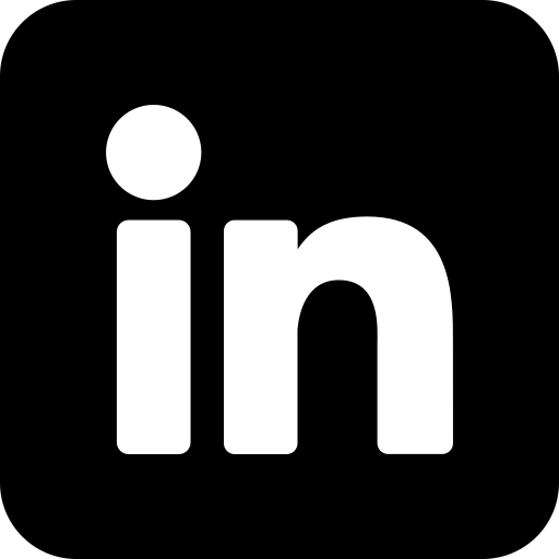 White lowercase 'in' icon on a solid black square background representing LinkedIn logo.