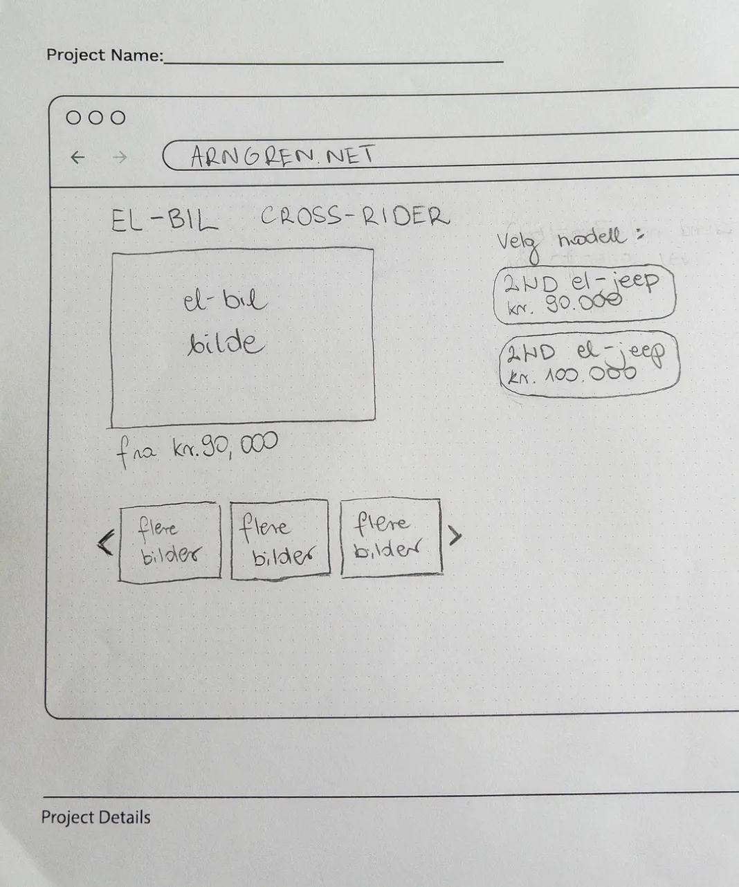 Sketch of low fidelity prototype, made with pencil on white paper, showing the most important elements of the design.