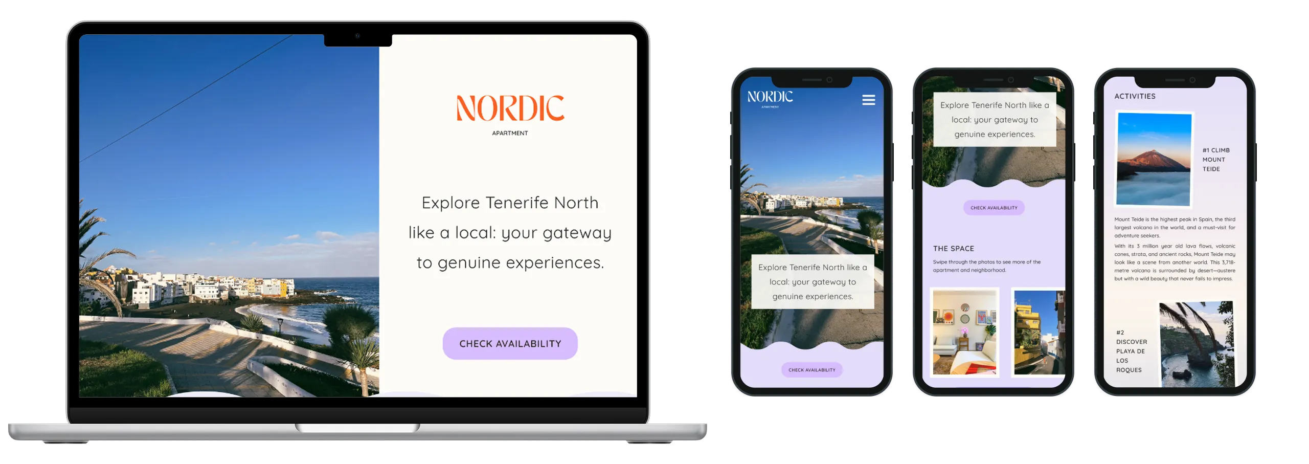 Website and mobile screens showing Nordic Apartment site featuring Tenerife North experiences and availability check.