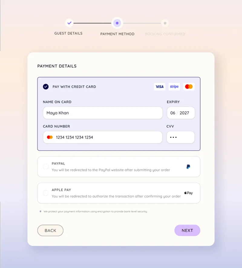 A screenshot of the payment flow widget used in the project.