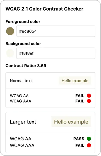 WCAG 2.1 checker shows foreground #8c8054, background #f8f8ef, contrast 3.69, normal text fails, large text passes AA.